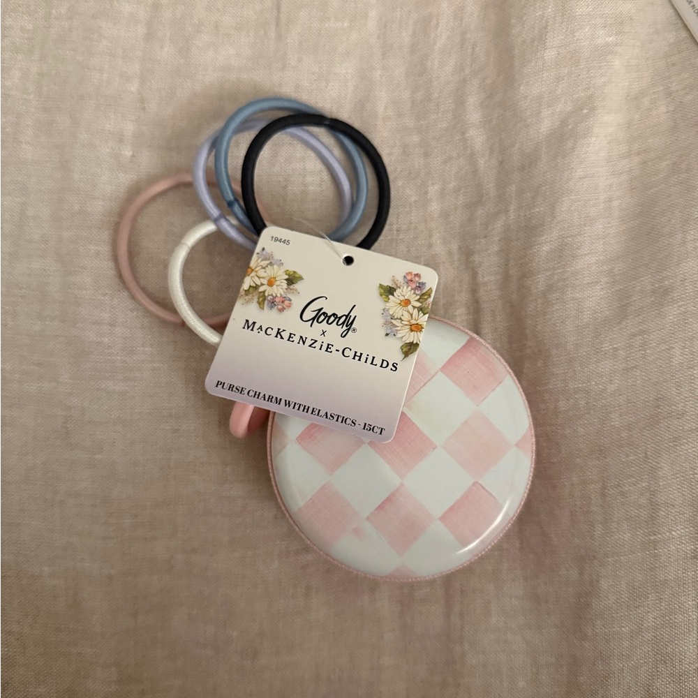 MacKenzie-Childs Pink White Check Round Purse Charm with Elastic Hair Ties